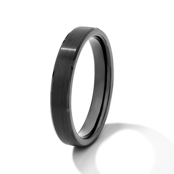 4.0mm Satin Finish Bevelled Wedding Band in Tungsten with Black Ion Plate