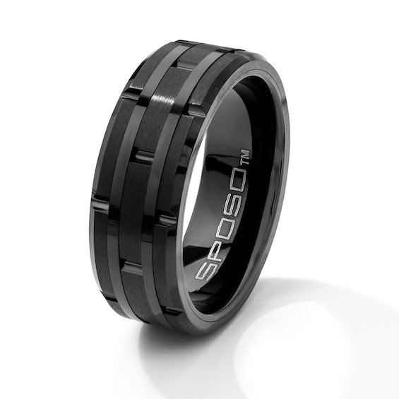 8.0mm Brick Pattern Bevelled Wedding Band in Tungsten with Black Ion Plate