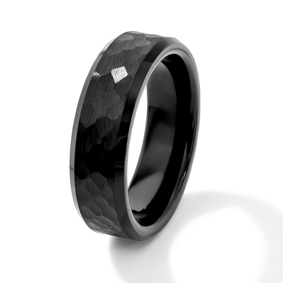 7.0mm Hammered Texture Wedding Band in Tungsten with Black Ion Plate
