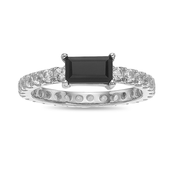 Baguette-Cut Black Onyx and White Lab-Created Sapphire Ring in Sterling Silver