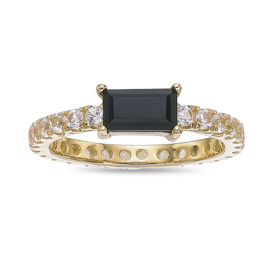 Baguette-Cut Black Onyx and White Lab-Created Sapphire Ring in Sterling Silver with 18K Gold Plate