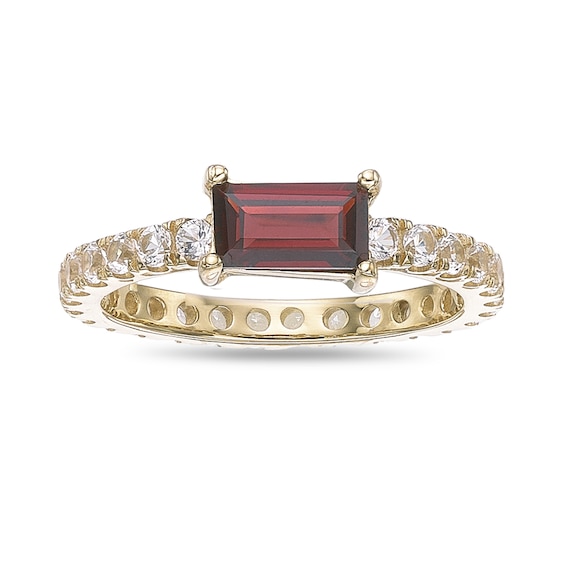 Baguette-Cut Garnet and White Lab-Created Sapphire Ring in Sterling Silver with 18K Gold Plate