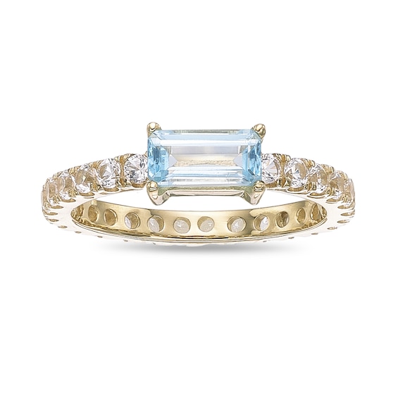 Baguette-Cut Sky Blue Topaz and White Lab-Created Sapphire Ring in Sterling Silver with 18K Gold Plate