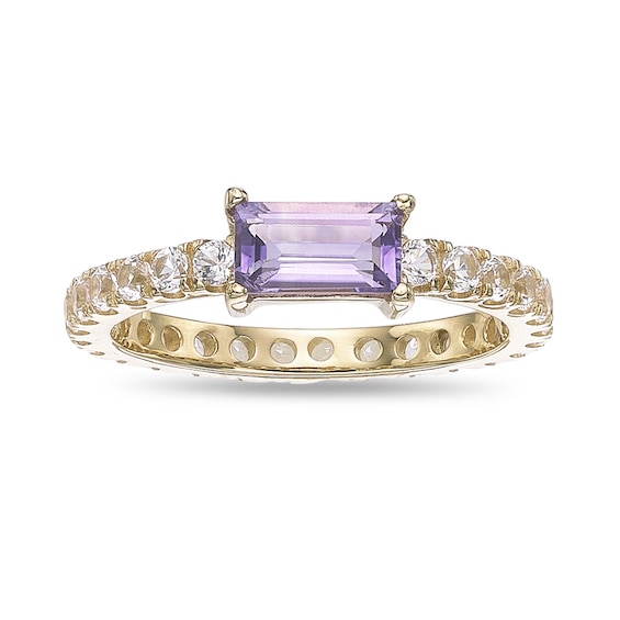 Baguette-Cut Amethyst and White Lab-Created Sapphire Ring in Sterling Silver with 18K Gold Plate