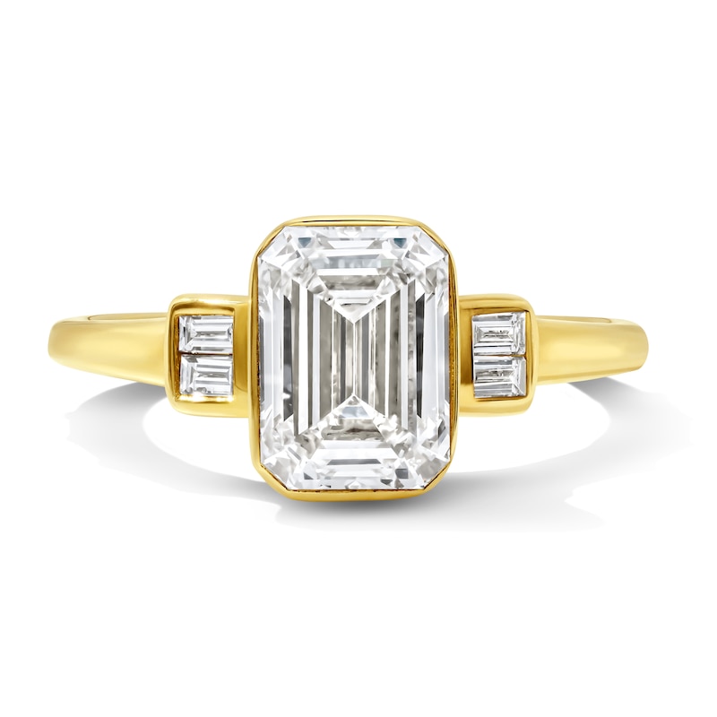 Main Image 1 of 2-1/8 CT. T.W. Certified Emerald-Cut Lab-Grown Diamond Bezel-Set Engagement Ring in 14K Gold (F/VS2)