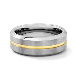 8.0mm Stripe Bevelled Wedding Band in Tungsten with Yellow Ion Plate