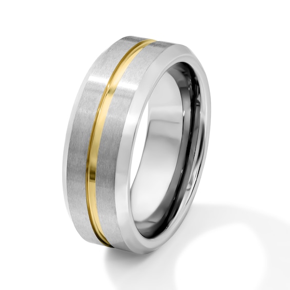 8.0mm Stripe Bevelled Wedding Band in Tungsten with Yellow Ion Plate