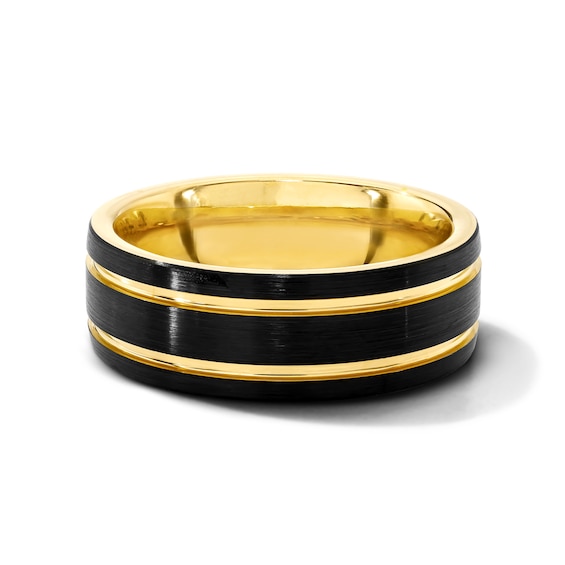 8.0mm Double Stripe Brushed Wedding Band in Tungsten with Black and Yellow Ion Plate