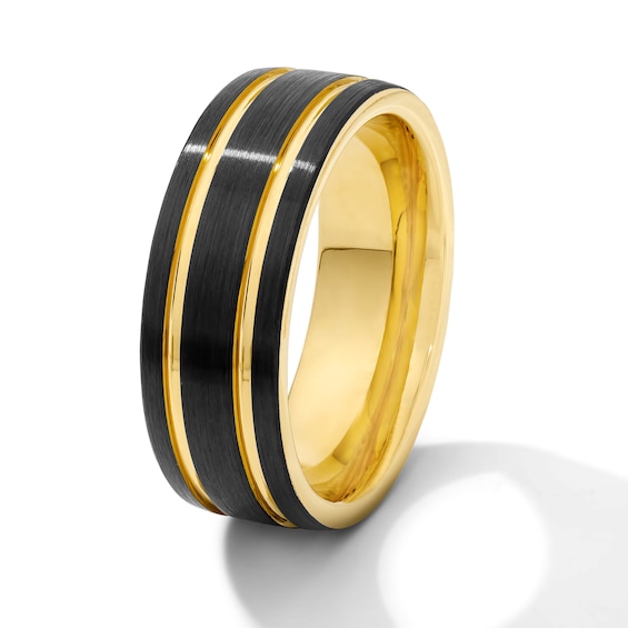 8.0mm Double Stripe Brushed Wedding Band in Tungsten with Black and Yellow Ion Plate