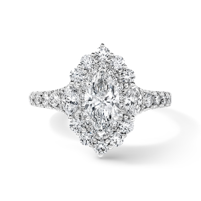 Main Image 1 of Vera Wang Love Collection 1-1/2 CT. T.W. Certified Marquise-Cut Diamond Scalloped Frame Engagement Ring in 14K White Gold (I/SI2)