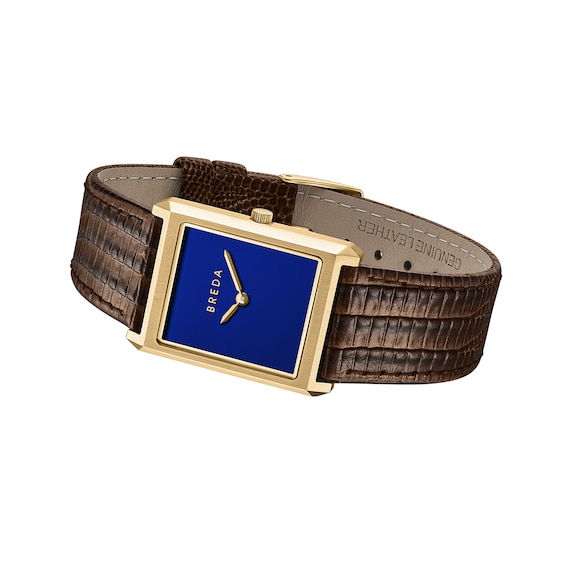 Men's Breda Virgil 18K Gold-Plated Stainless Steel Watch with Blue Dial and Brown Leather Strap (Model: 1763b)