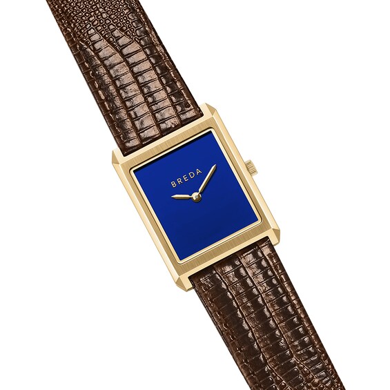 Men's Breda Virgil 18K Gold-Plated Stainless Steel Watch with Blue Dial and Brown Leather Strap (Model: 1763b)