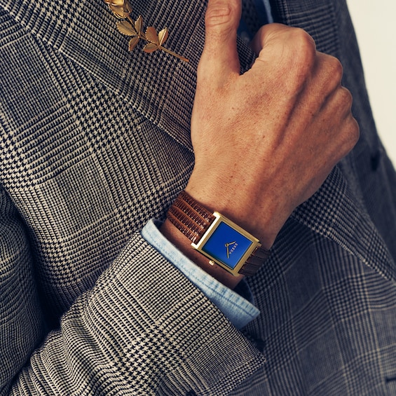 Men's Breda Virgil 18K Gold-Plated Stainless Steel Watch with Blue Dial and Brown Leather Strap (Model: 1763b)