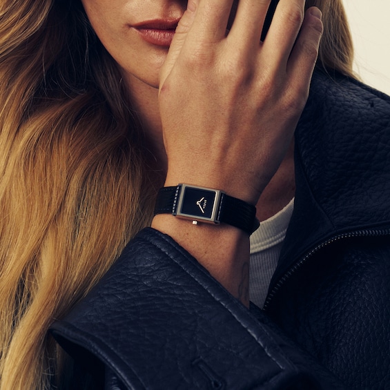 Ladies' Breda Virgil Stainless Steel Watch with Black Dial and Black Leather Strap (Model: 1765a)