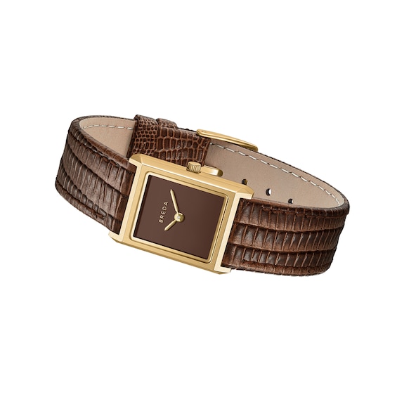 Ladies' Breda Virgil 18K Gold-Plated Stainless Steel Watch with Brown Dial and Leather Strap (Model: 1765c)