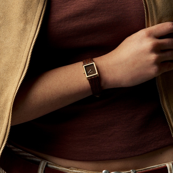 Ladies' Breda Virgil 18K Gold-Plated Stainless Steel Watch with Brown Dial and Leather Strap (Model: 1765c)