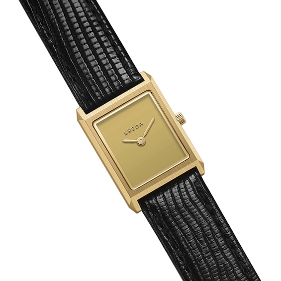 Ladies' Breda Virgil 18K Gold-Plated Stainless Steel Watch with Gold-Tone Dial and Black Leather Strap (Model: 1765d)