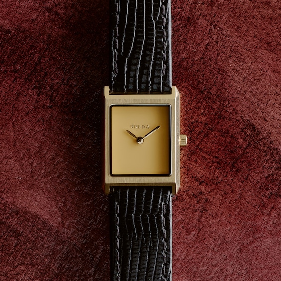 Ladies' Breda Virgil 18K Gold-Plated Stainless Steel Watch with Gold-Tone Dial and Black Leather Strap (Model: 1765d)