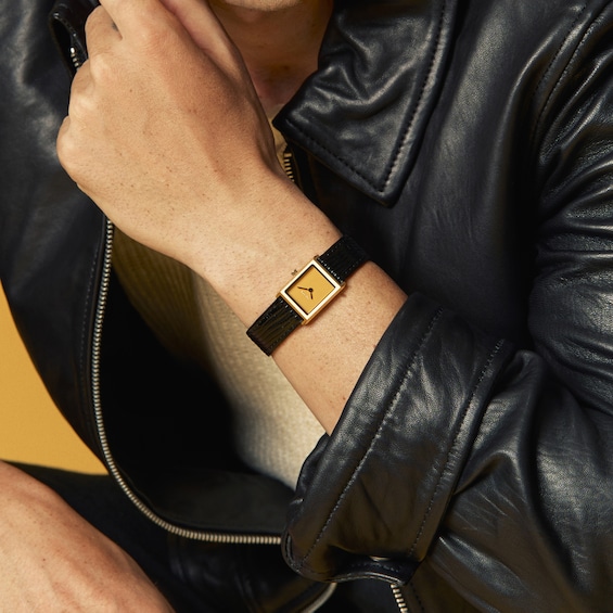 Ladies' Breda Virgil 18K Gold-Plated Stainless Steel Watch with Gold-Tone Dial and Black Leather Strap (Model: 1765d)