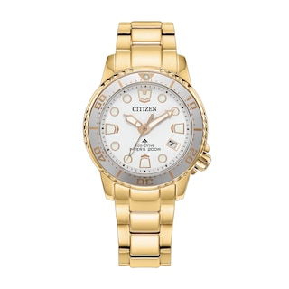 Ladies' Citizen Promaster Dive Gold-Tone IP Stainless Steel Watch with White Dial (Model: EO2029-54A)