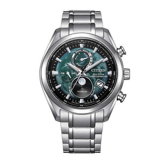 Men's Citizen Tsuki-yomi A-T Titanium Chronograph Watch with Green Dial (Model: By1010-81Z)