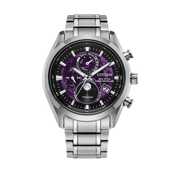 Men's Citizen Tsuki-yomi A-T Titanium Chronograph Watch with Purple Dial (Model: By1010-57X)