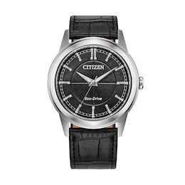 Men's Citizen Rolan Stainless Steel Watch with Black Dial and Black Leather Strap (Model: AW2110-06E)