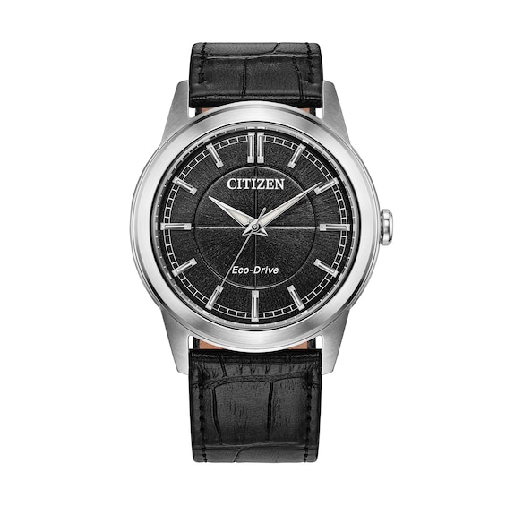 Men's Citizen Rolan Stainless Steel Watch with Black Dial and Black Leather Strap (Model: Aw2110-06E)