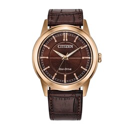 Men's Citizen Rolan Rose-Tone IP Stainless Steel Watch with Brown Dial and Brown Leather Strap (Model: AW2113-16X)