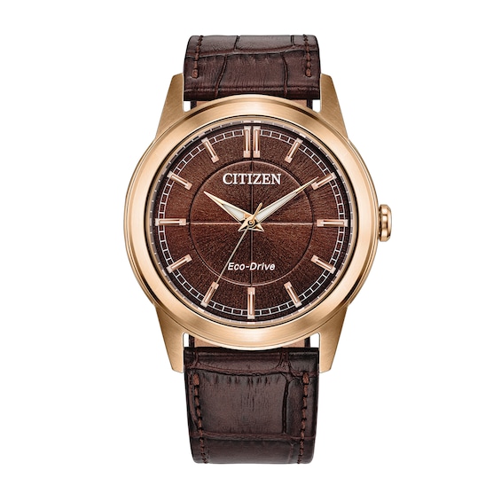 Men's Citizen Rolan Rose-Tone IP Stainless Steel Watch with Brown Dial and Brown Leather Strap (Model: Aw2113-16X)