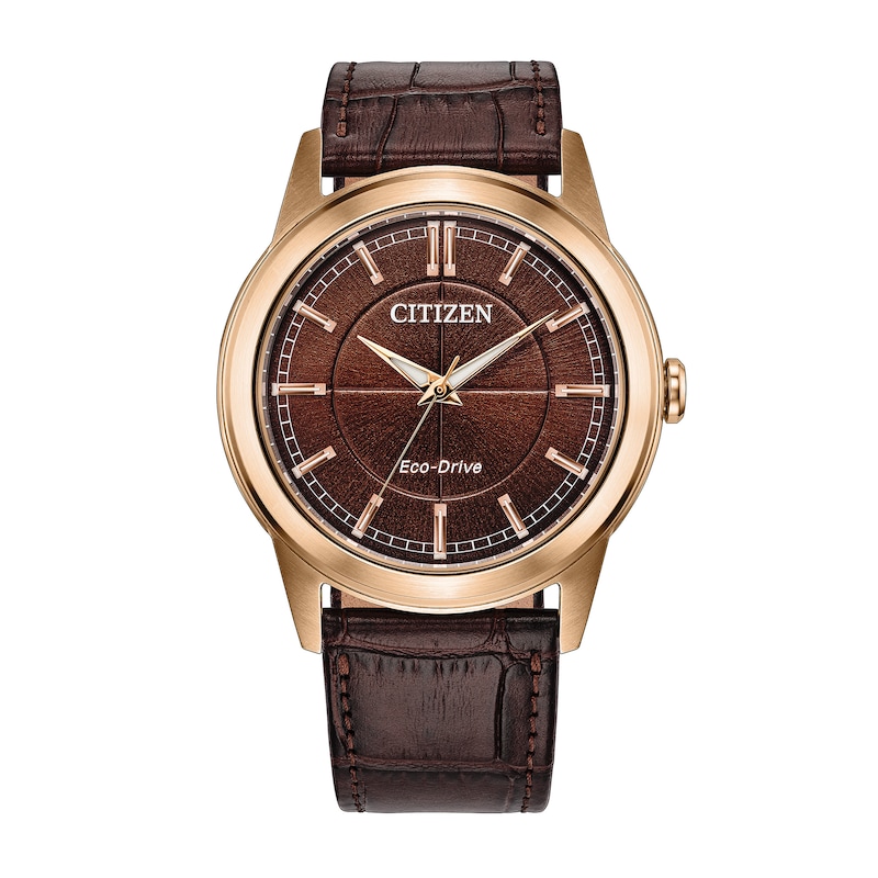 Main Image 1 of Men's Citizen Rolan Rose-Tone IP Stainless Steel Watch with Brown Dial and Brown Leather Strap (Model: AW2113-16X)