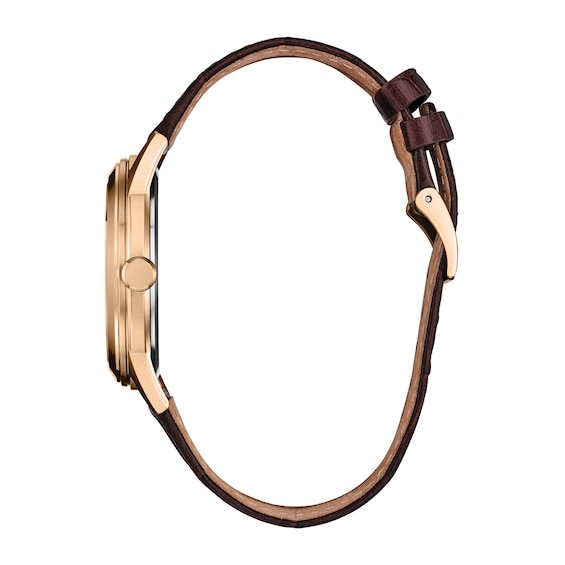 Men's Citizen Rolan Rose-Tone IP Stainless Steel Watch with Brown Dial and Brown Leather Strap (Model: Aw2113-16X)