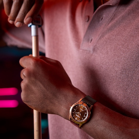 Men's Citizen Rolan Rose-Tone IP Stainless Steel Watch with Brown Dial and Brown Leather Strap (Model: Aw2113-16X)