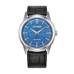 Men's Citizen Rolan Stainless Steel Watch with Blue Dial and Black Leather Strap (Model: FE7130-01L)