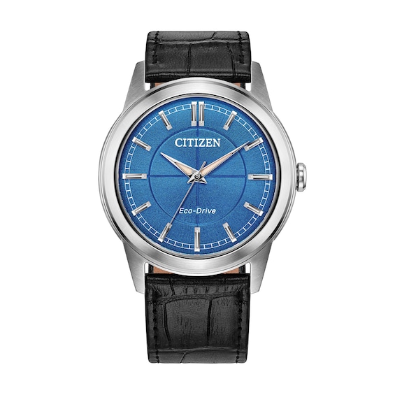 Men's Citizen Rolan Stainless Steel Watch with Blue Dial and Black Leather Strap (Model: Fe7130-01L)