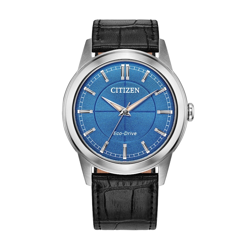Main Image 1 of Men's Citizen Rolan Stainless Steel Watch with Blue Dial and Black Leather Strap (Model: FE7130-01L)