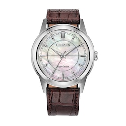 Men's Citizen Rolan Stainless Steel Watch with Mother-of-Pearl Dial and Brown Leather Strap (Model: FE7130-10D)