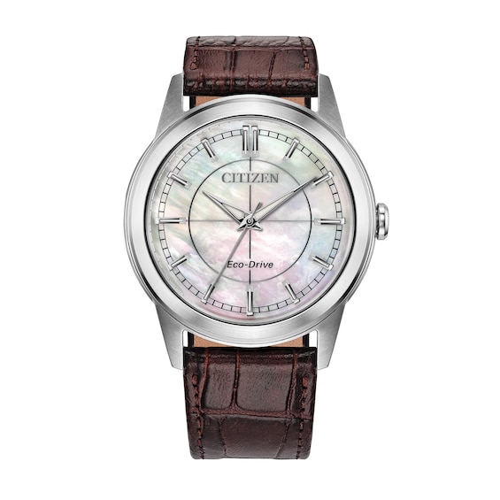 Men's Citizen Rolan Stainless Steel Watch with Mother-of-Pearl Dial and Brown Leather Strap (Model: Fe7130-10D)