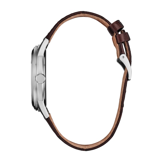 Men's Citizen Rolan Stainless Steel Watch with Mother-of-Pearl Dial and Brown Leather Strap (Model: Fe7130-10D)