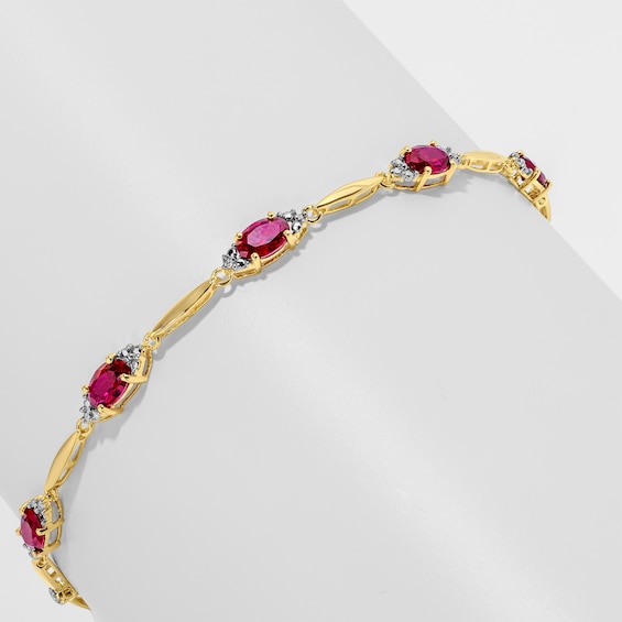 Oval Lab-Created Ruby and Diamond Accent Bracelet in Sterling Silver with 18K Gold Plate - 7.25"
