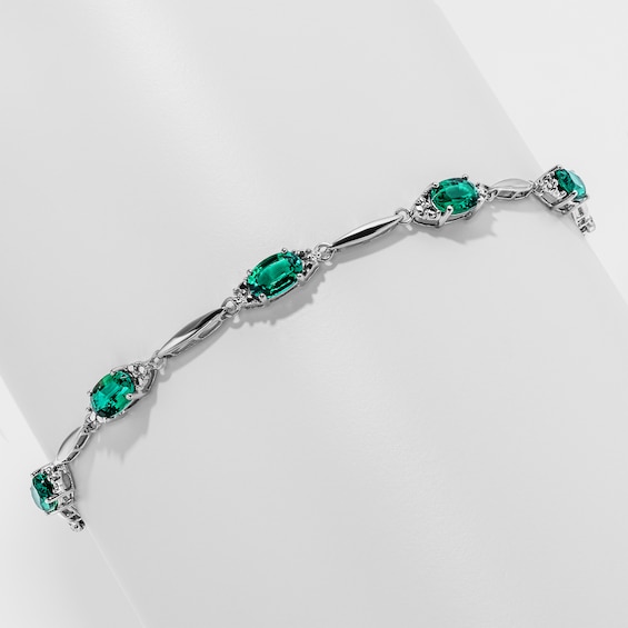 Oval Lab-Created Emerald and Diamond Accent Bracelet in Sterling Silver - 7.25"