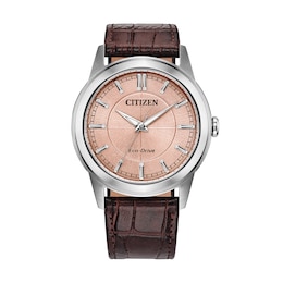 Men's Citizen Rolan Stainless Steel Watch with Salmon Pink Dial and Brown Leather Strap (Model: AW2110-14Z)