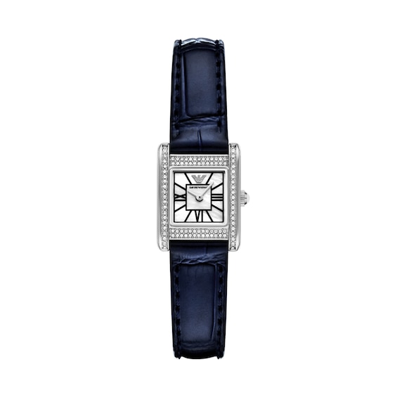 Ladies' Emporio Armani Stainless Steel Watch with Mother-of-Pearl Dial, Blue Leather Strap, and Crystal Bezel (Ar11718)