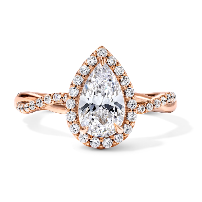 Main Image 1 of 1-1/3 CT. T.W. Certified Pear-Shaped Lab-Grown Diamond Frame Engagement Ring in 14K Rose Gold (F/VS2)