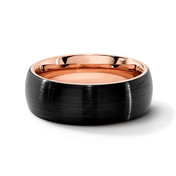 8.0mm Engravable Brushed Wedding Band in Tungsten with Rose and Black Ion Plate
