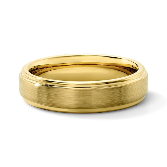 6.0mm Engravable Satin-Finish Wedding Band in Tungsten with Yellow Ion Plate