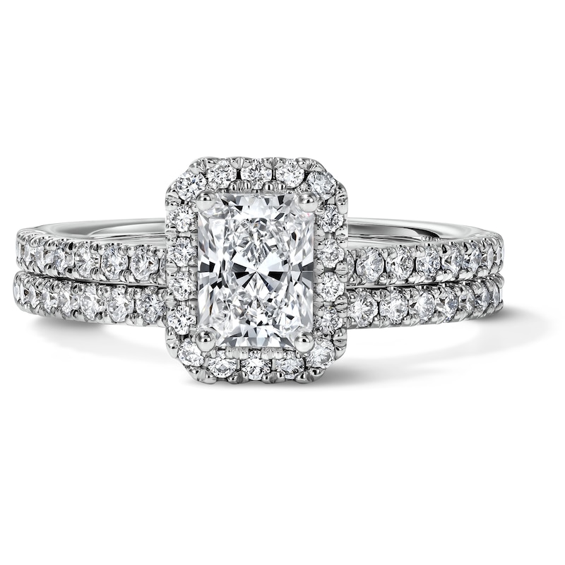 Main Image 1 of 1-1/4 CT. T.W. Certified Radiant-Cut Lab-Grown Diamond Frame Bridal Set in 14K White Gold (F/VS2)