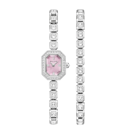 Ladies' Bulova Crystal Stainless Steel Watch Set with Pink Mother-of-Pearl Dial (Model: 96X168)