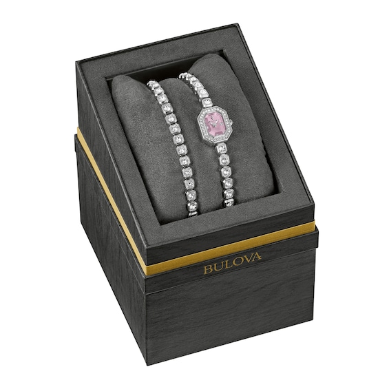 Ladies' Bulova Crystal Stainless Steel Watch Set with Pink Mother-of-Pearl Dial (Model: 96X168)