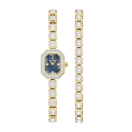 Ladies' Bulova Crystal Gold-Tone Stainless Steel Watch Set with Black Mother-of-Pearl Dial (Model: 98X143)